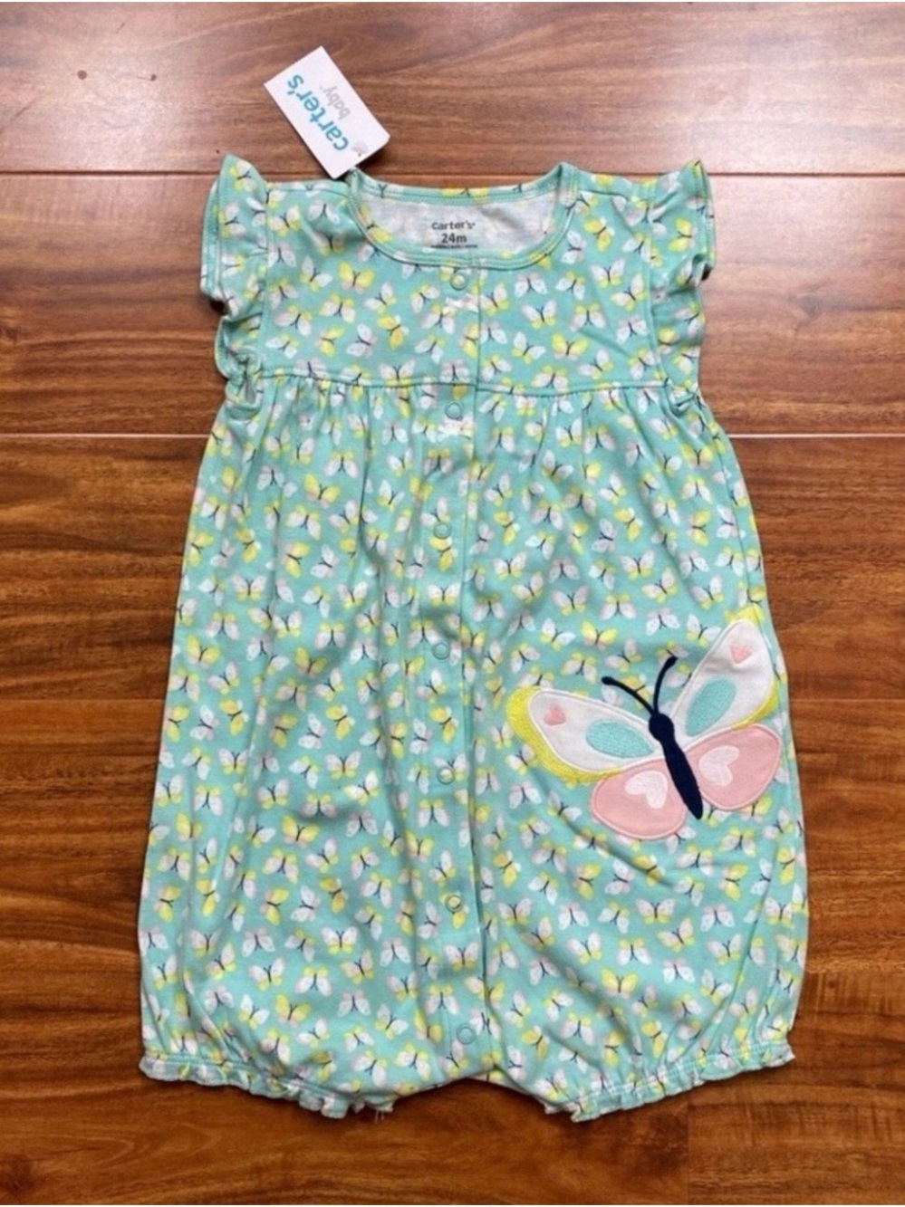 NWT New Carter's Baby Girl Mint Green Butterfly Button Romper Onesie Size 24M